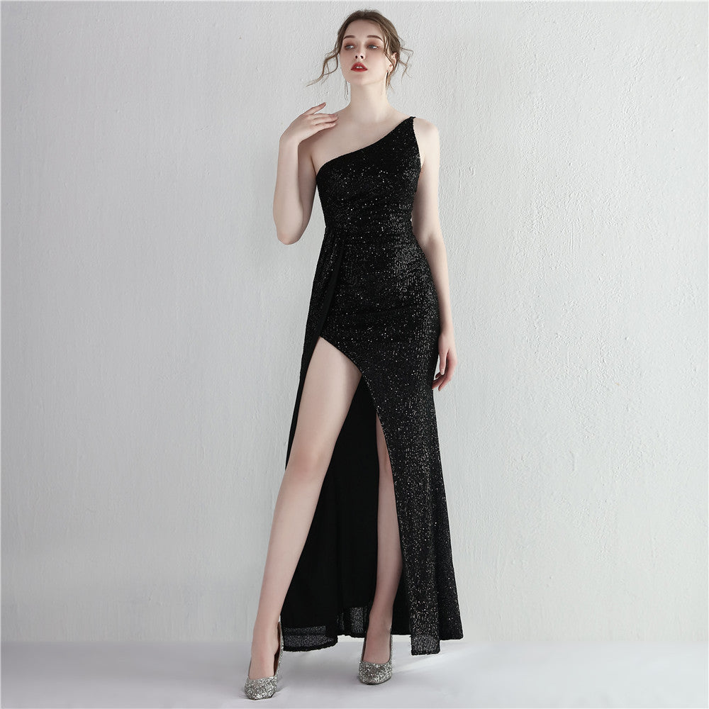 Sequined One-Shoulder Formal Party Split Long Sequined Evening Dress 13