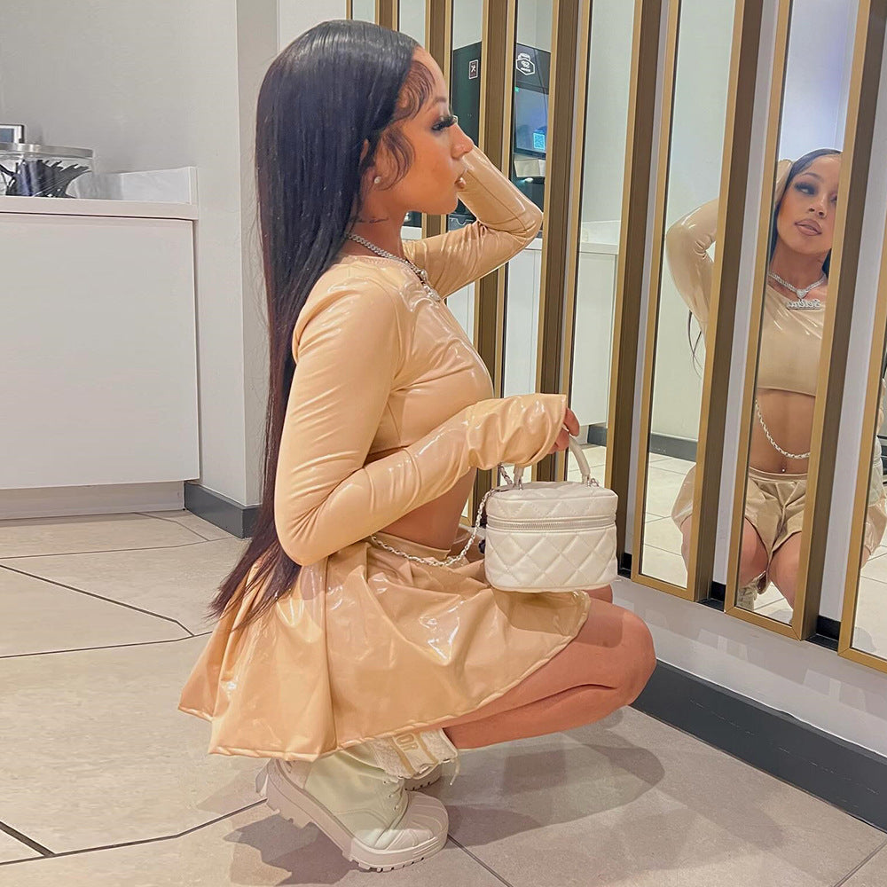 Women Autumn Long Sleeve Round Neck pu-Leather Top and Pleated Skirt Two-piece 5