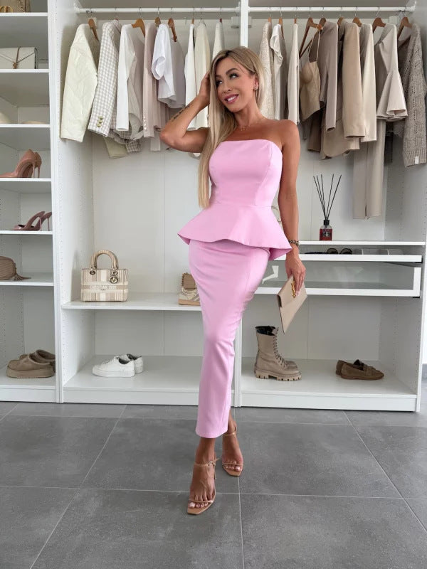 Spring Women's Clothing Strapless Sexy Split Fashion Two Piece Skirt Set 10