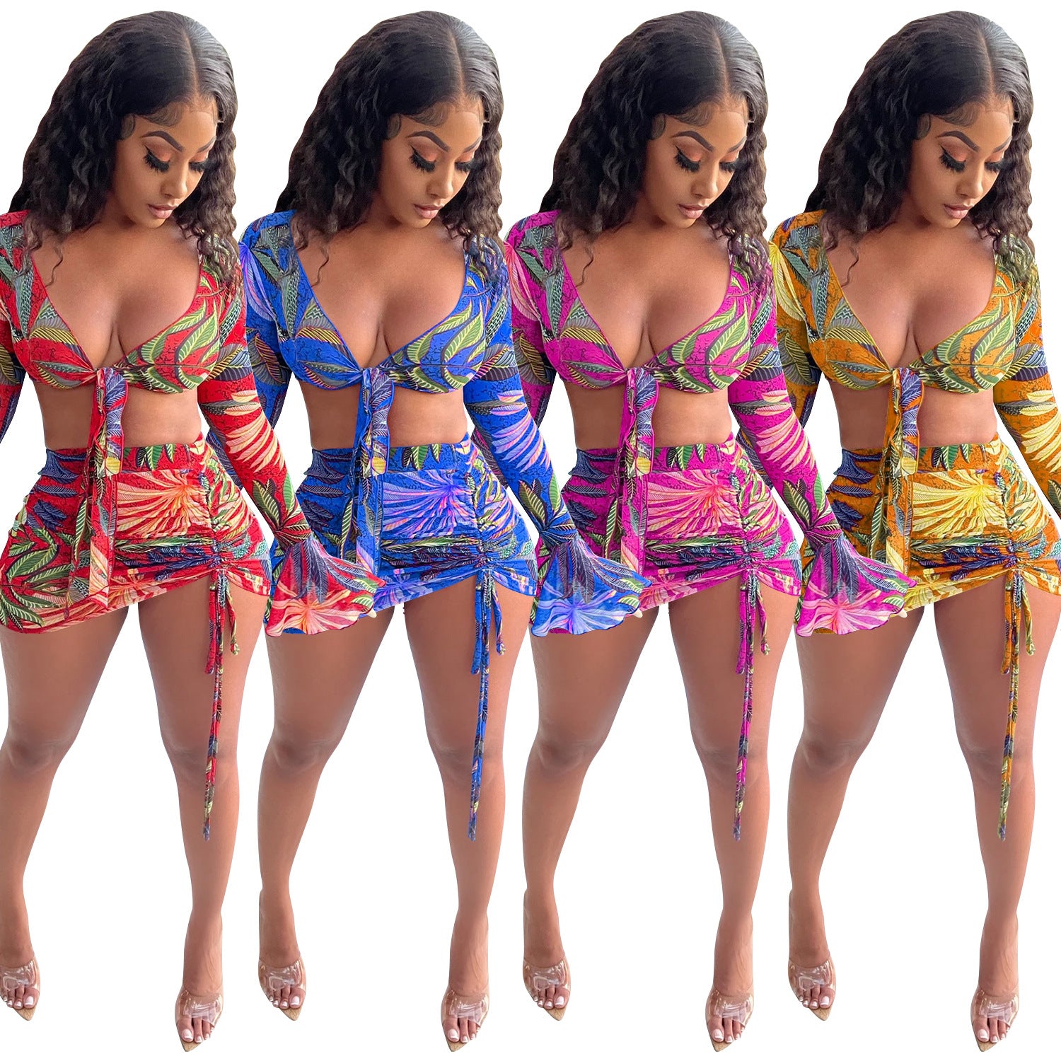 Women Printed V-Neck Lace-Up Long-Sleeved Top and Drawstring Skirt Two-Piece Set 9