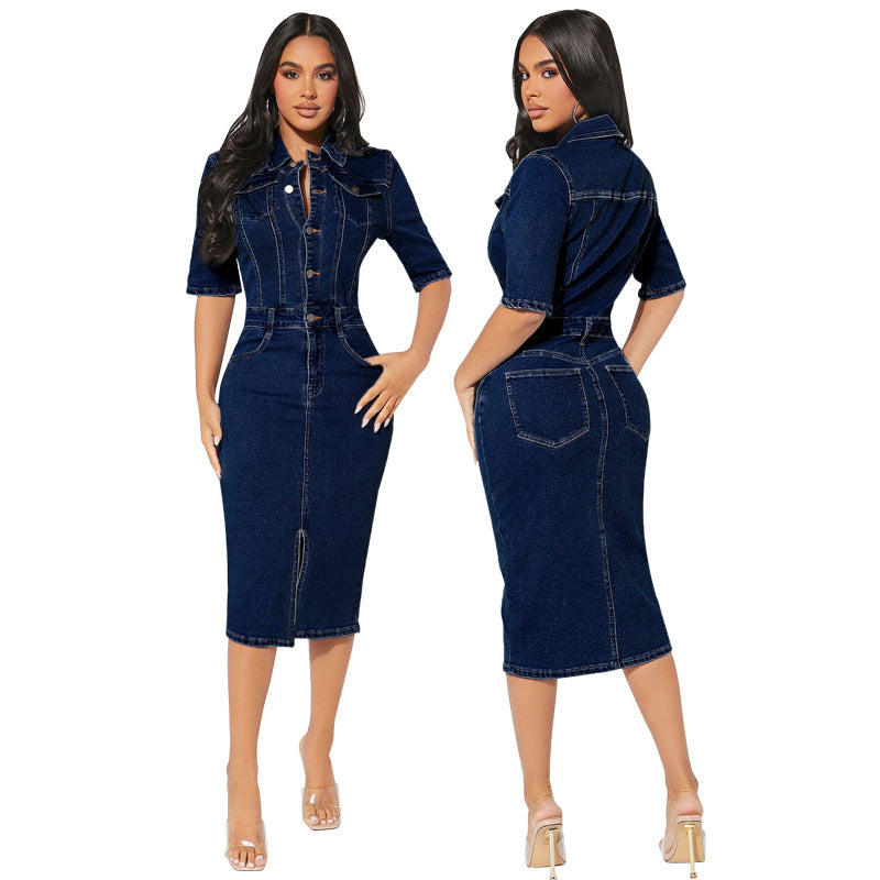 Women's Denim Short Sleeve Turndown Collar Bodycon Midi Dress