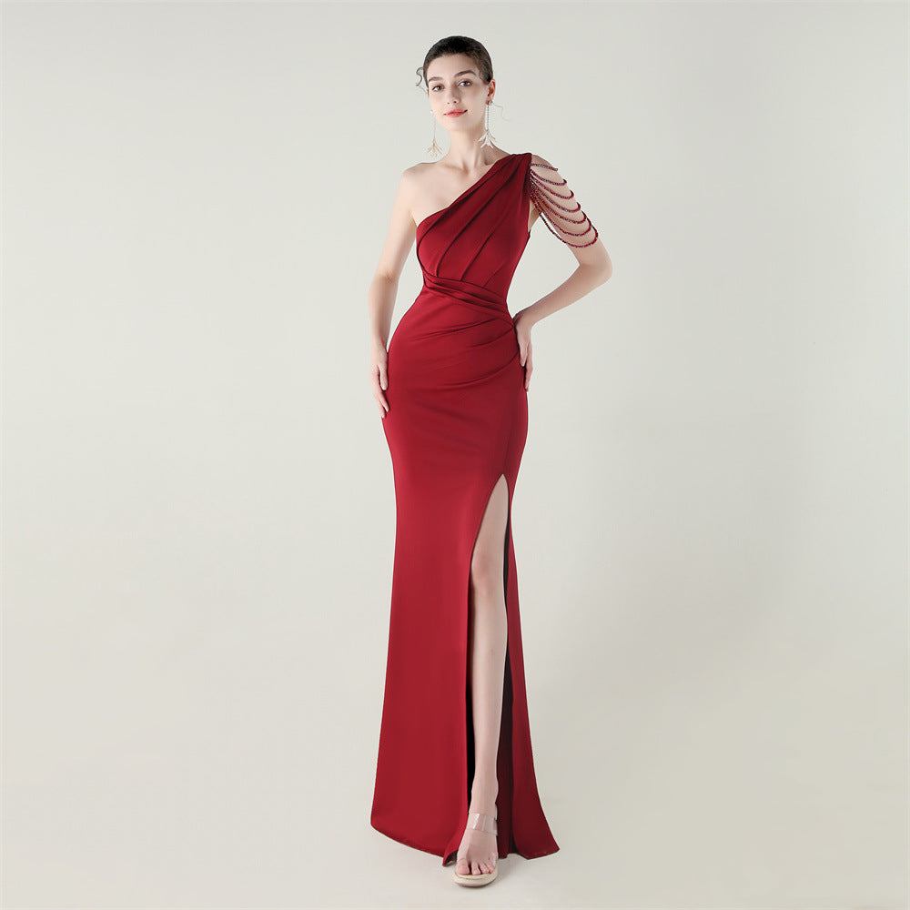 Women strapless satin pleated fishtail slit evening dress 17