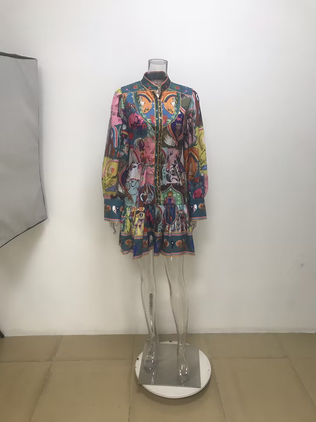 Women autumn print Round Neck lace pleated ruffle dress 9