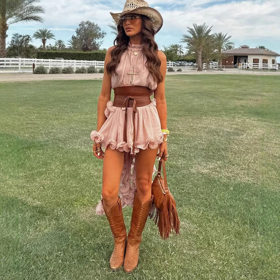 Spring/Summer Floral Chiffon Ruffle Sleeveless Skirt Set 7