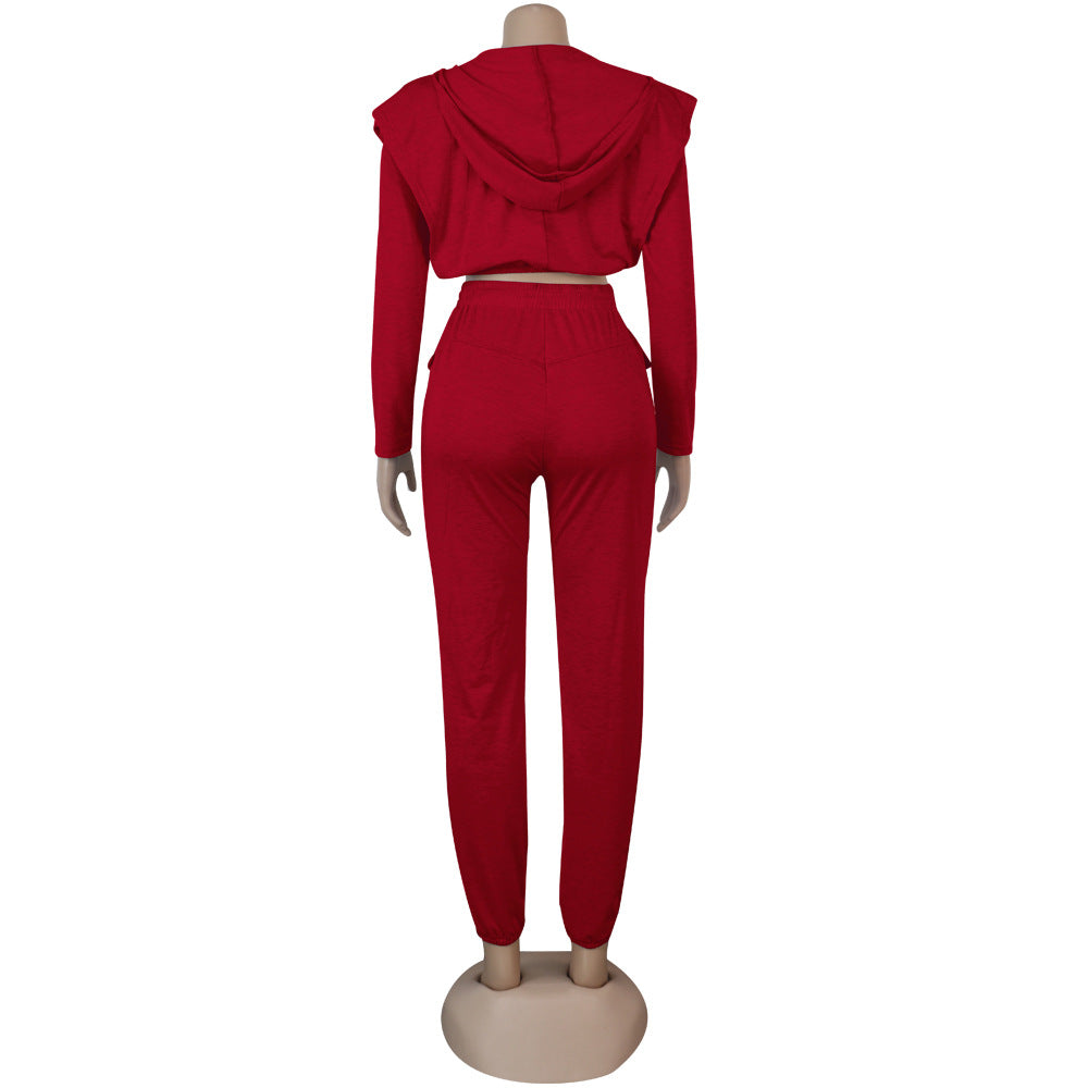 Women Sexy Zip with Cap Long Sleeve Top + Trousers Two-piece Set 24