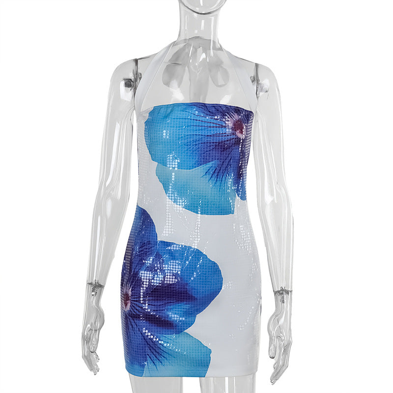 Autumn Floral Sequin Halter Neck Women's Chic Bodycon Dress 17