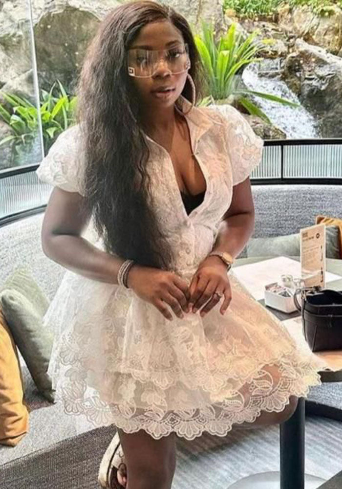 Summer Chic Turndown Collar Single-Breasted White Embroidered Puff Sleeve A-Line Layer Dress