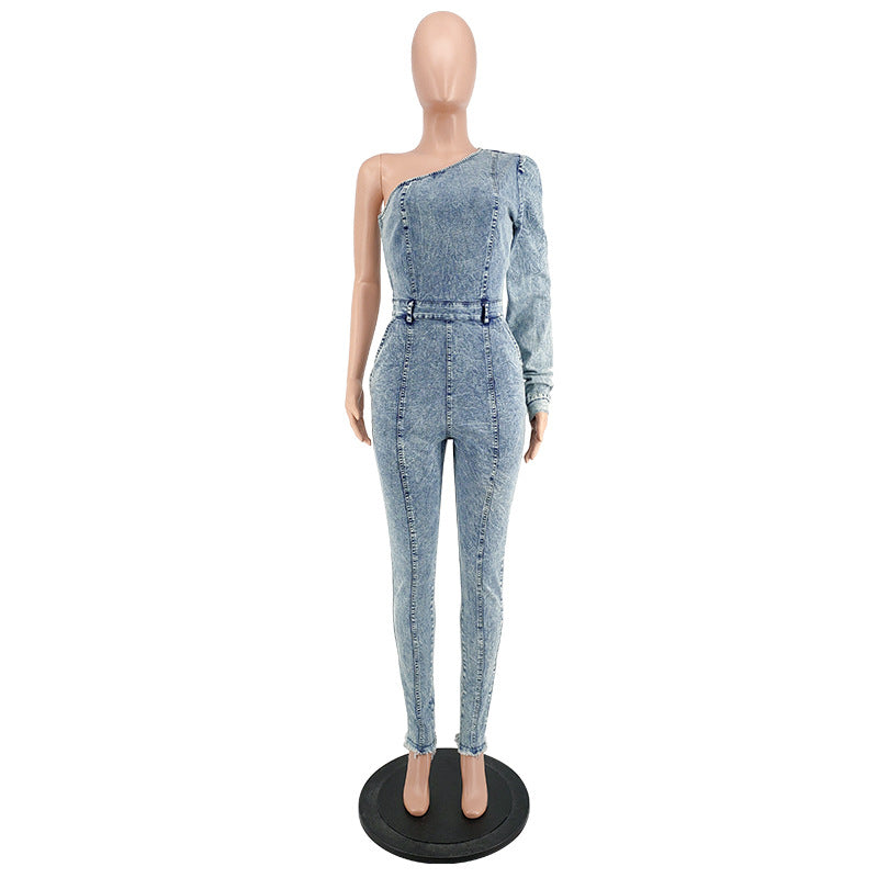 Women Clothes Fall Single Long Sleeve Slash Shoulder Denim Jumpsuit 8