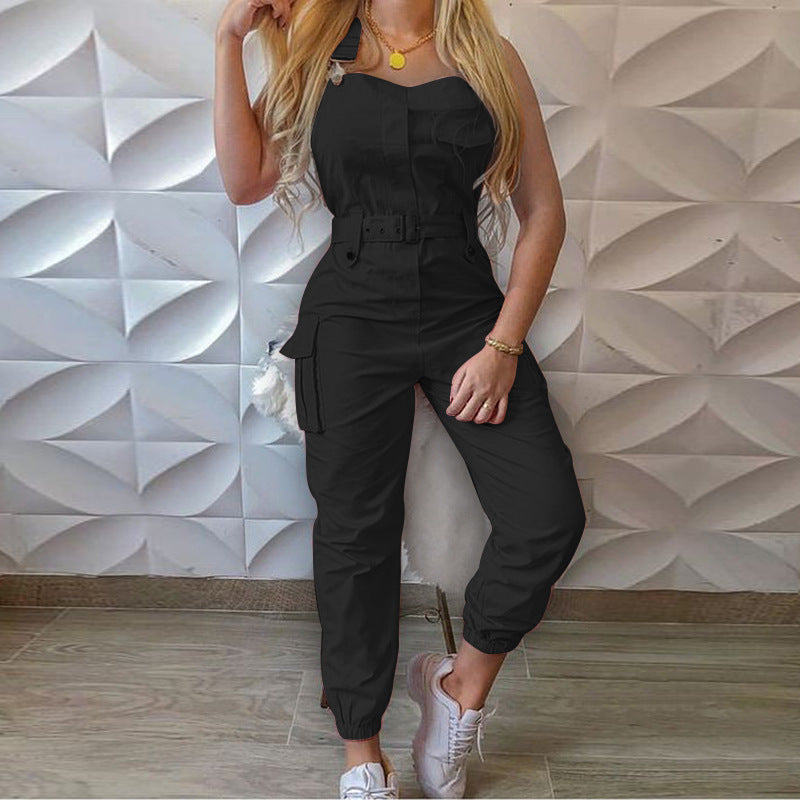 Women's Belt Sleeveless Overalls Cargo Jumpsuit 3