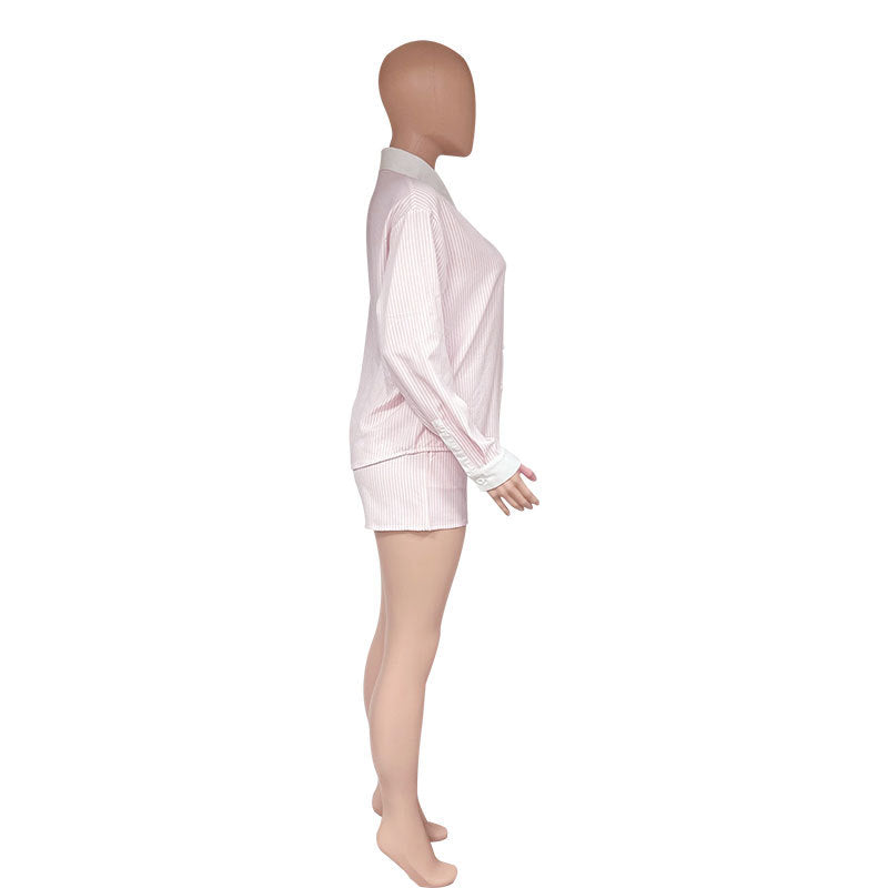 Summer Turndown Collar Long Sleeve Striped Shirt Elastic Waist Shorts Two-Piece Set 12