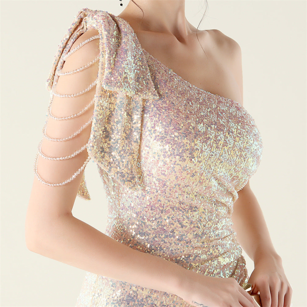 Plus Size Women clothing one-shoulder nail flower beaded evening dress 52