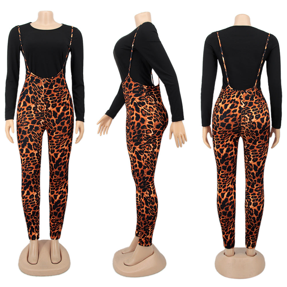 Spring Printed Long-Sleeved Slim Fit Women's Strap Casual Two Piece Pants Set 13