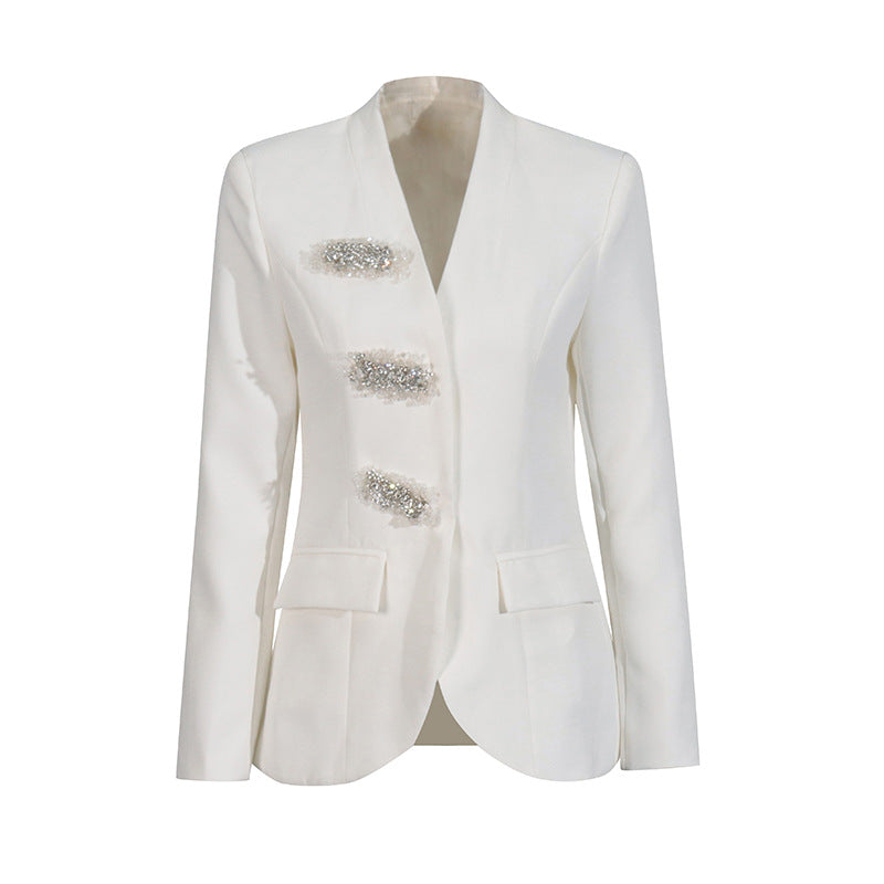 Women British style v-neck beaded Beaded Blazer 9