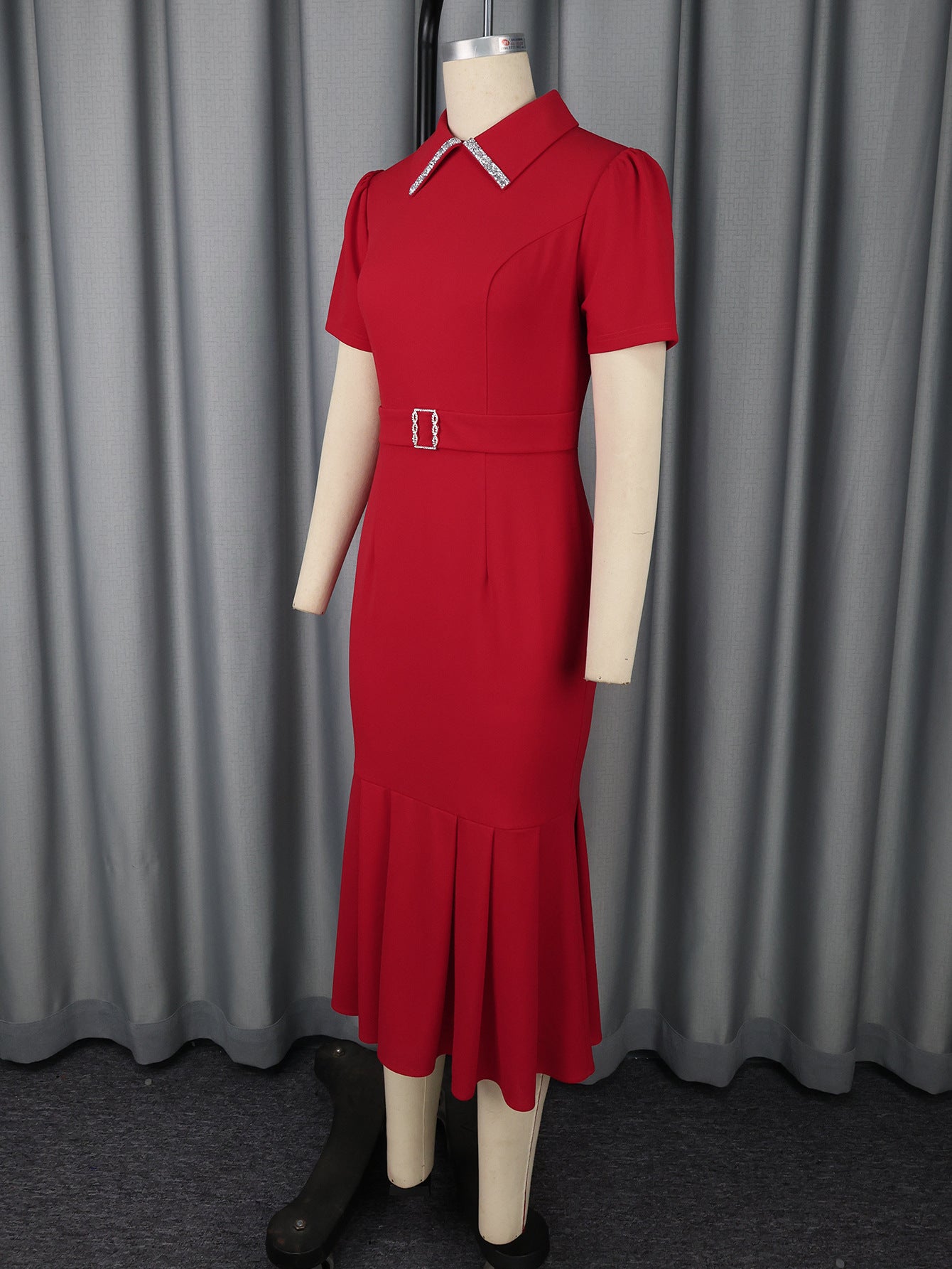 Elegant Turn-Down Collar Short-Sleeve Dress High-Waist Chic Formal Bodycon Gown 6