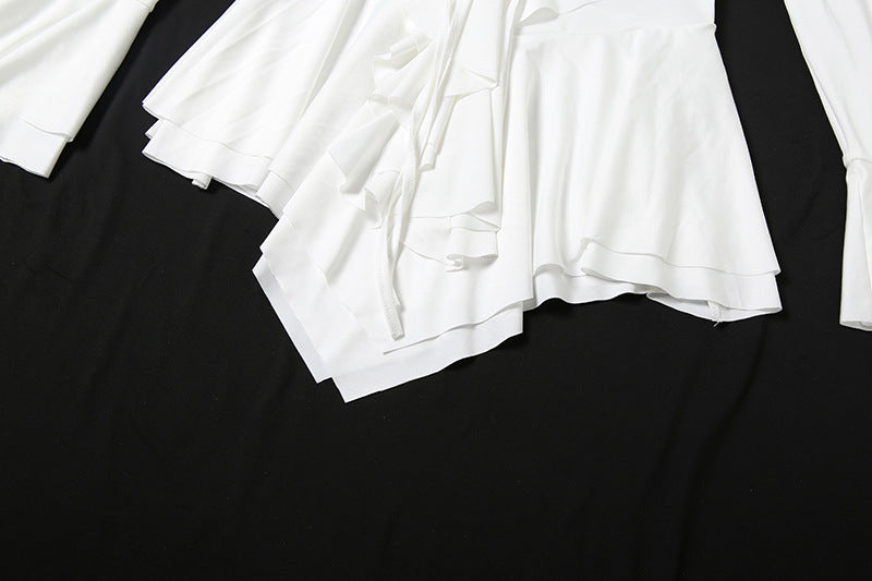 Women Fall V-Neck Lace-Up Ruffle Bell Bottom Sleeve Dress 18