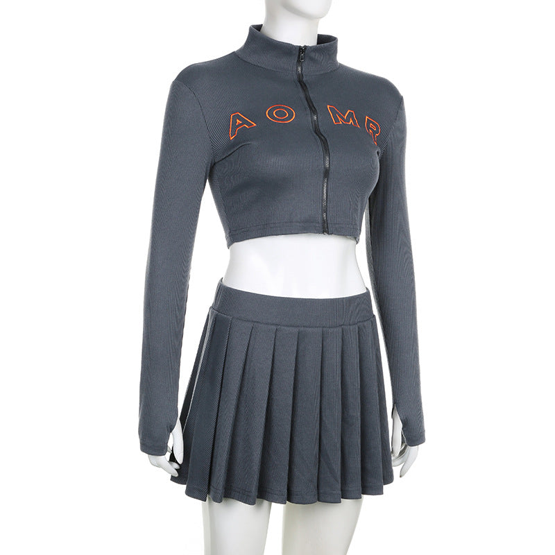 Embroidered Letter Half Turtleneck Crop Zipper Top + High Waist Pleated Skirt Casual Sports Two Piece Set For Women 10