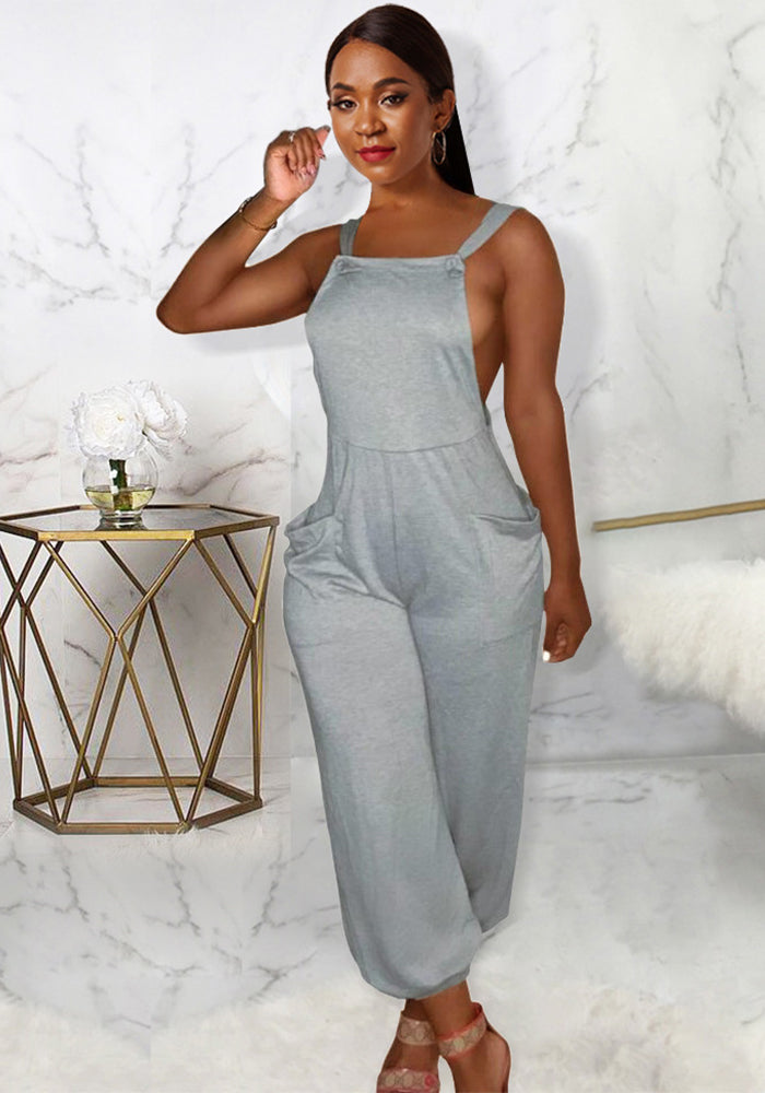 Lace-Up Sexy Women's Gray Low Back Trend Loose Suspenders Jumpsuit