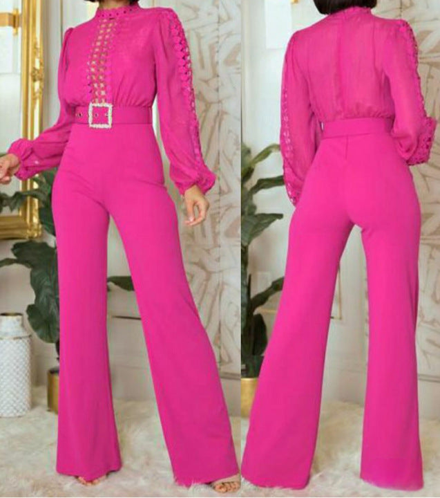 Women Elegant Lace Patchwork Lace-Up Wide-Leg Jumpsuit 35