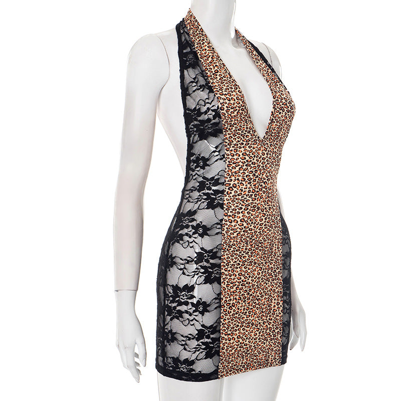 Women's Leopard Print V-Neck Halter Neck Patchwork Lace Bodycon Mini Dress 7