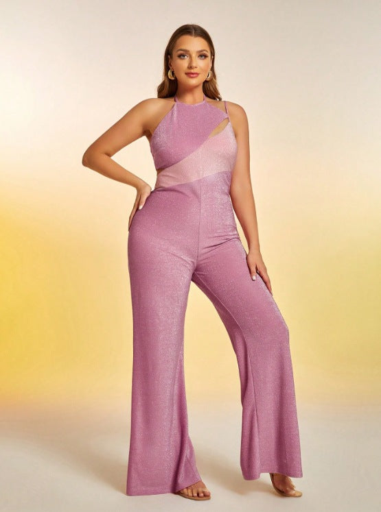 Plus Size Women sexy glitter suspenders Halter Neck wide-leg jumpsuit 6