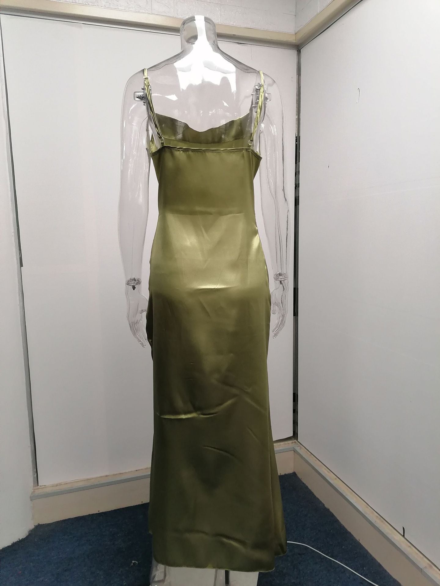 Sexy Low Cut Satin Slit Strap Dress Slim Fit Low Back Maxi Dress 41