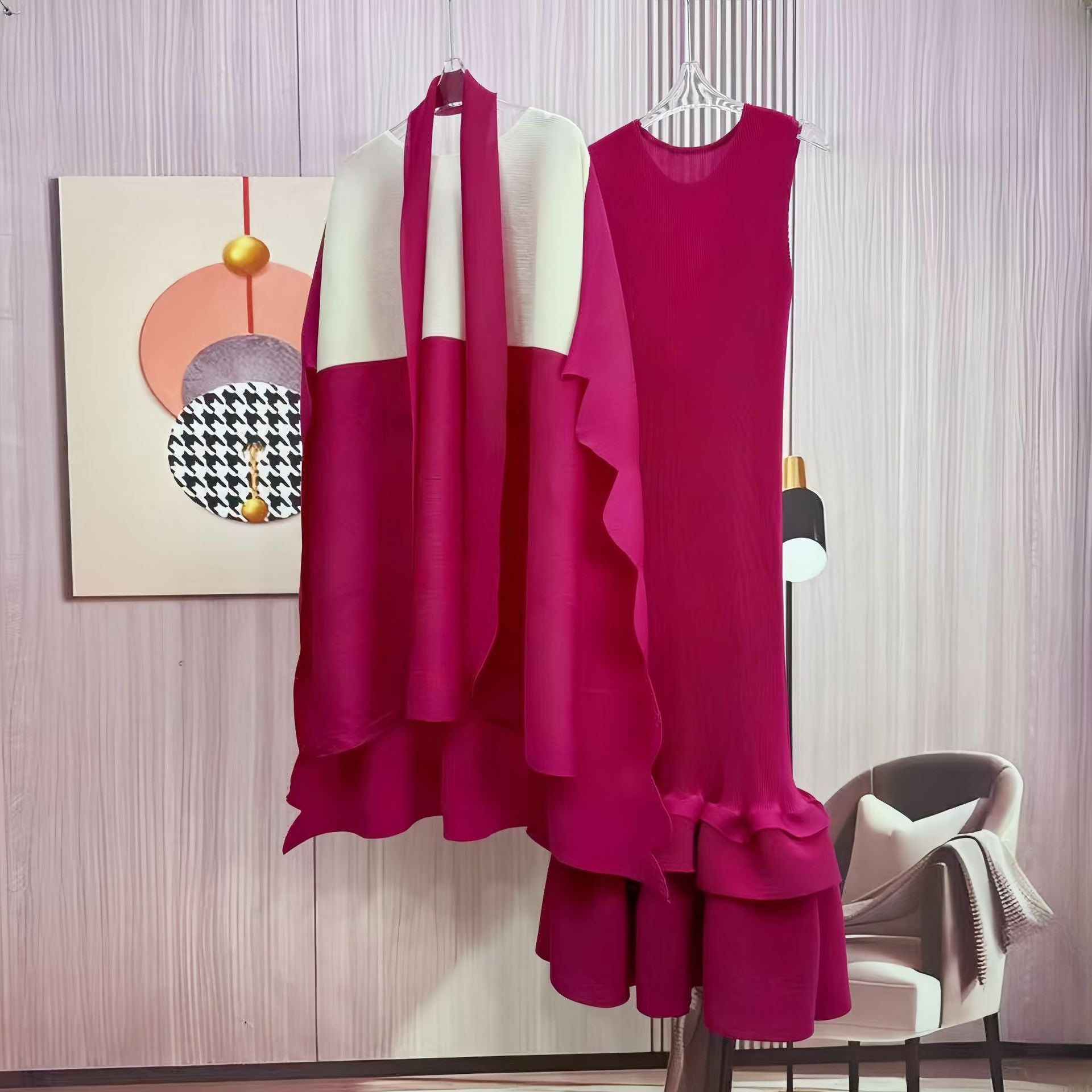 Africa Plus Size Contrast Color Round Neck Ruffle Fashion Two-Piece Dress Set 3