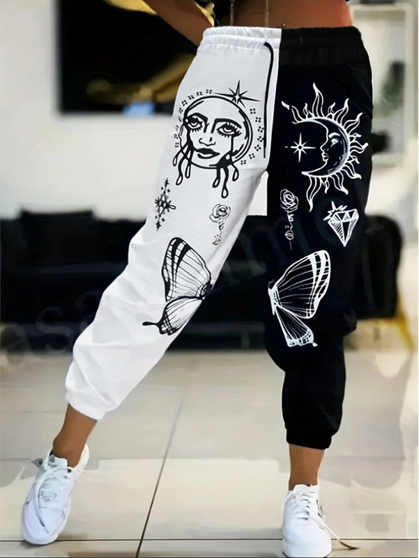 Women Fashion Chic Printed Tie Elastic Waist Casual Pants