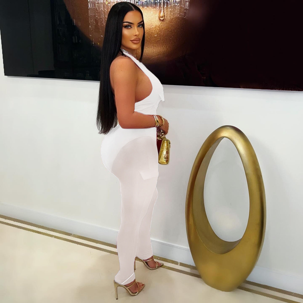 Summer Deep V-Neck Sleeveless Tight-Fitting Bodysuit Pocket Mesh Pants Set 18