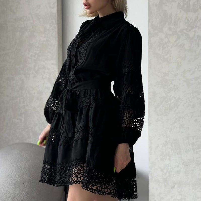 Women's Summer Chic Long Sleeve Hollow Belt Slim Waist Short Dress 9