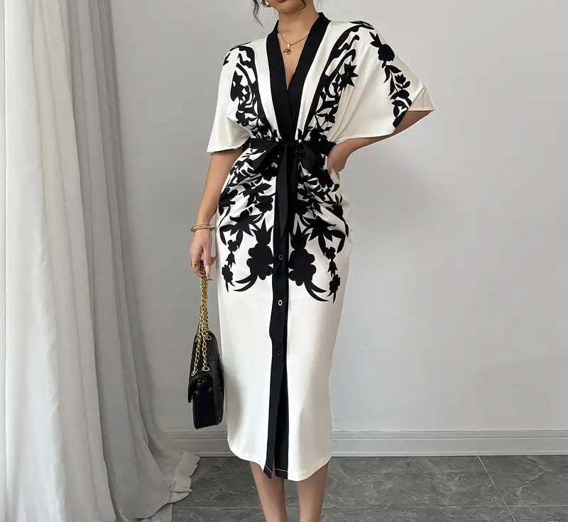 Women V-Neck Contrast Floral Print Belted Slit Dress