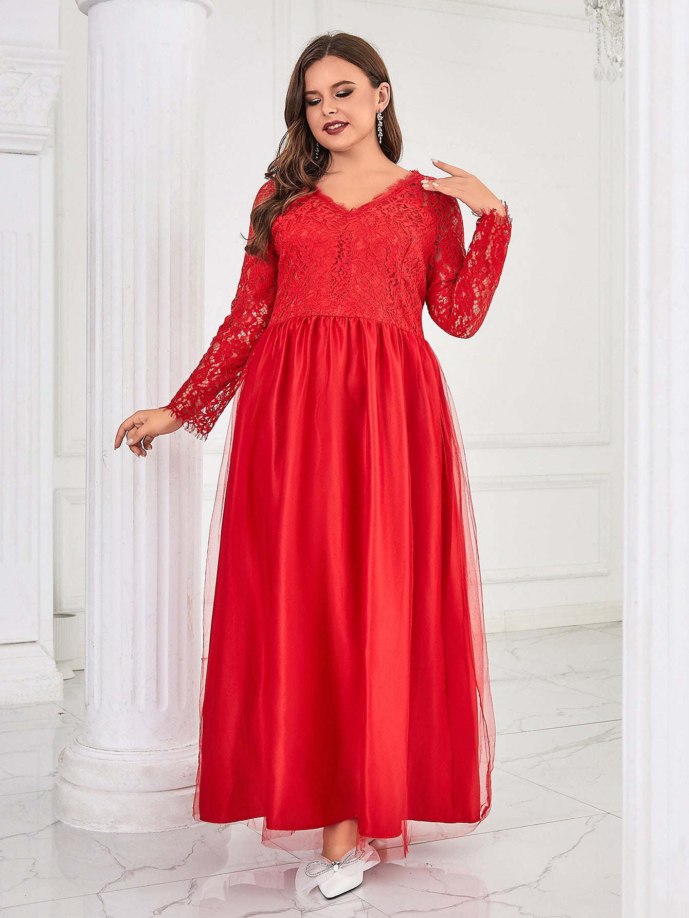 Plus Size Women Solid V-neck Long Sleeve Elegant Mesh Maxi Dress 7