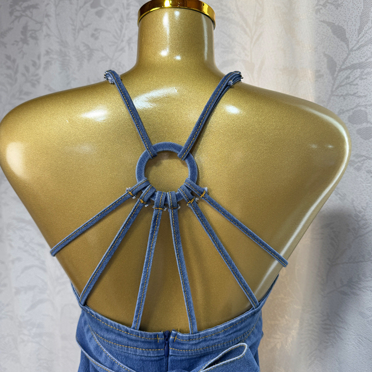 Women's Summer Sexy Fashion V neck Strap Low Back Lace Up Denim Long Dress 12