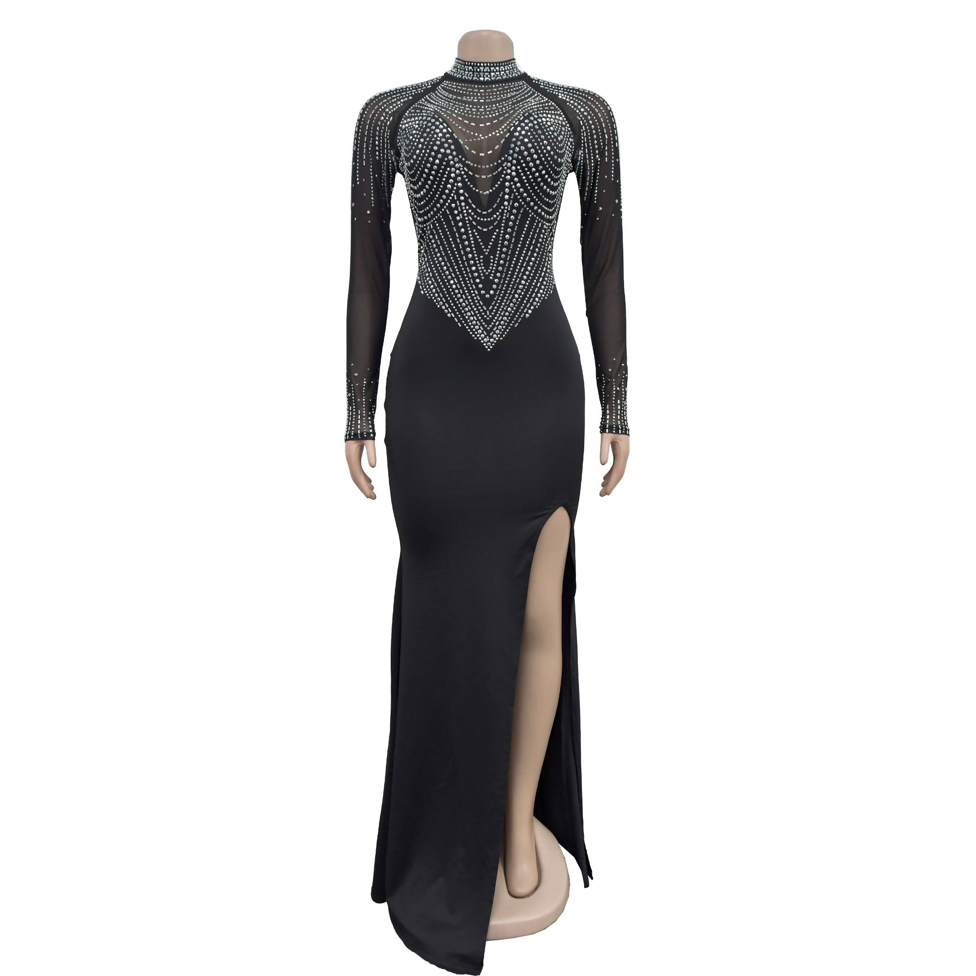 Fashion Women Beaded See Through Mesh Slit Long Dress 6