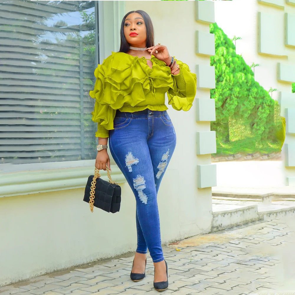 Fashion Sexy Solid Color  V-Neck Long Sleeve Ruffled Layer Top 4