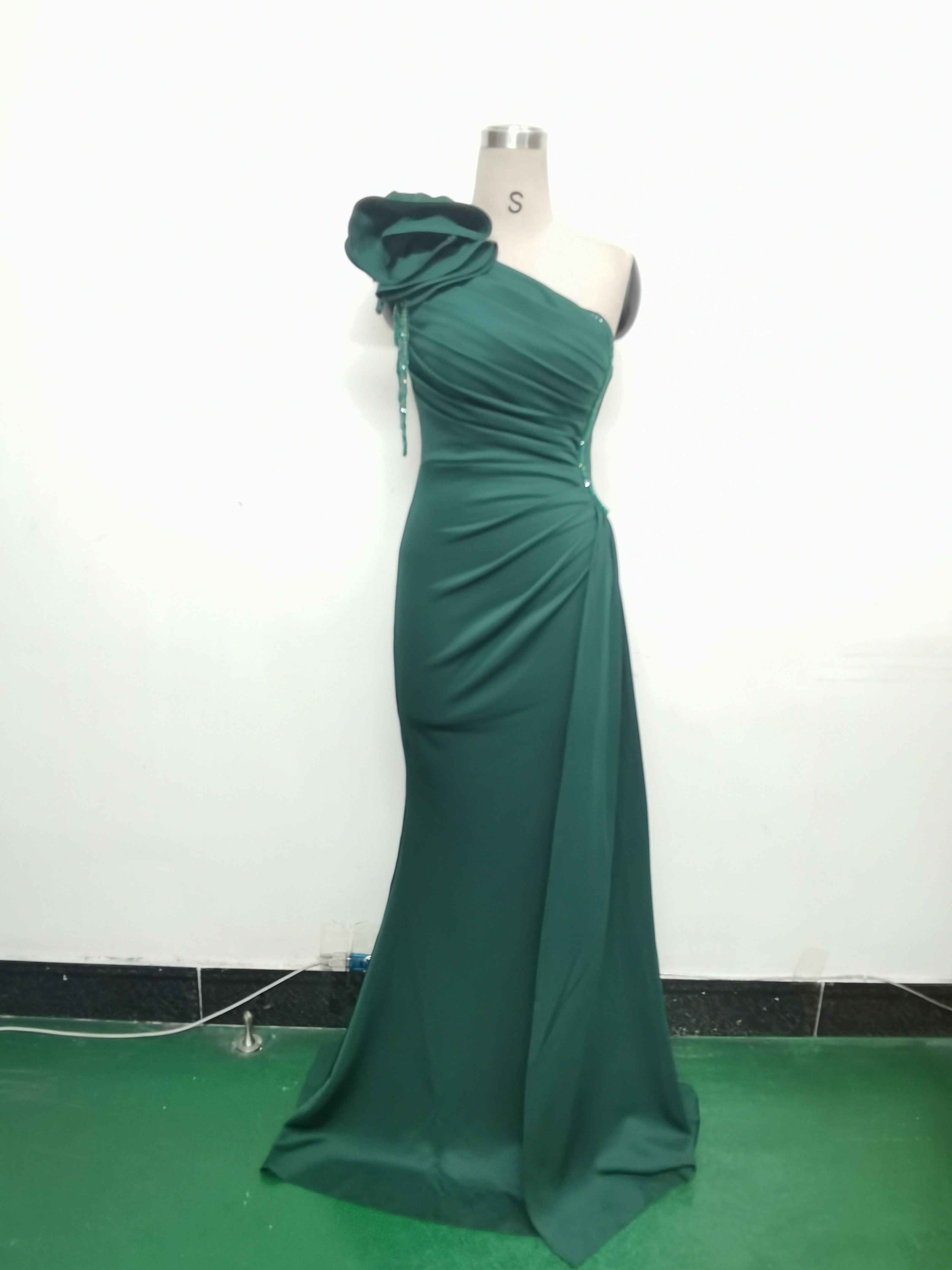 Women Beaded Flower Pleated Off-shoulder Split Evening Dress 20