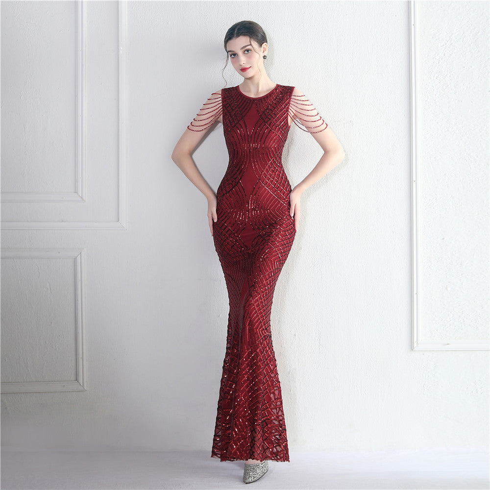 Decorative Crystal Diamond Chain Sequin Embroidery Stripe Positioning Flower Dinner Ceremony Long Evening Dress 11