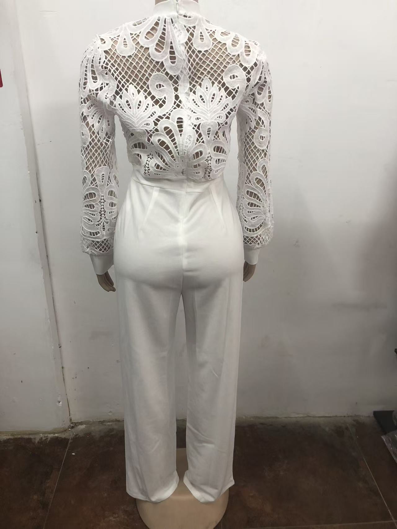 Women's Style Lace Trim Patchwork Long Sleeve Casual Wide-Leg Jumpsuit 8