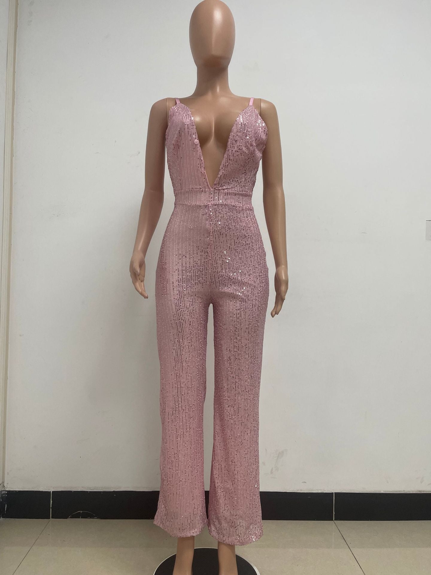 Deep V Neck Low Back Sleeveless Chic Sequined Straps Elegant Women's Party Jumpsuit 59