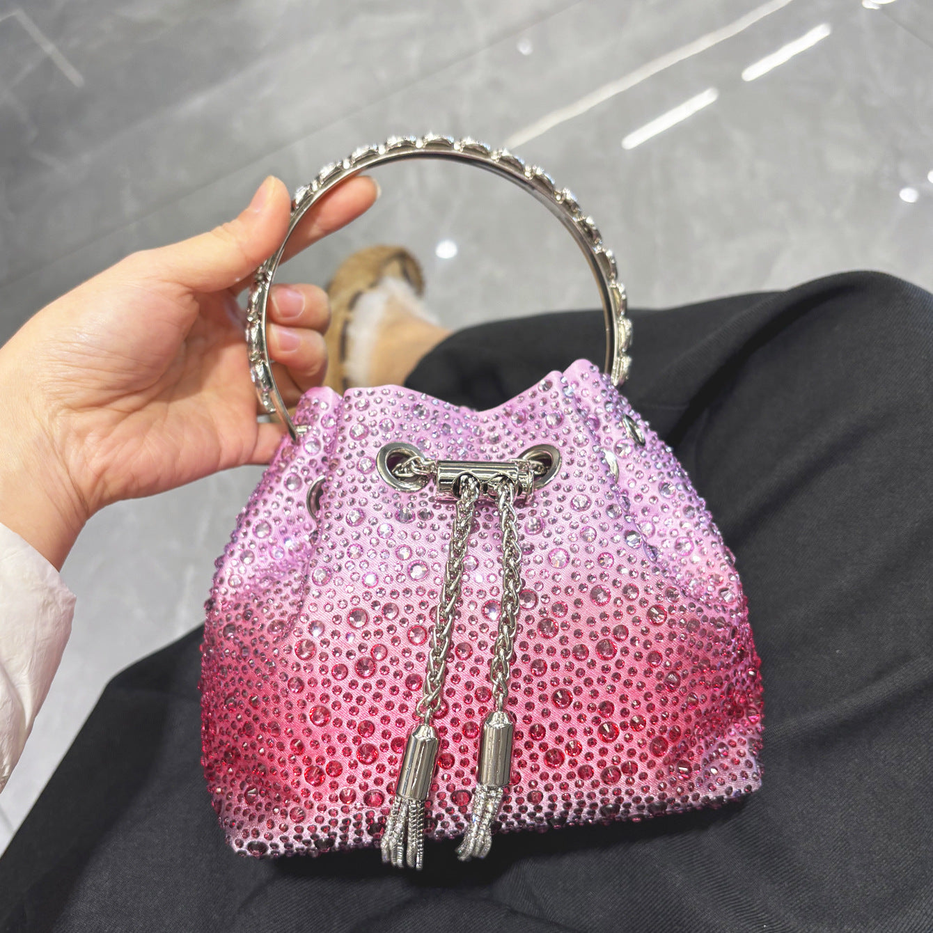 Women Autumn/Winter Bucket Bag Drawstring Beaded Shoulder/Crossbody Handbag 19
