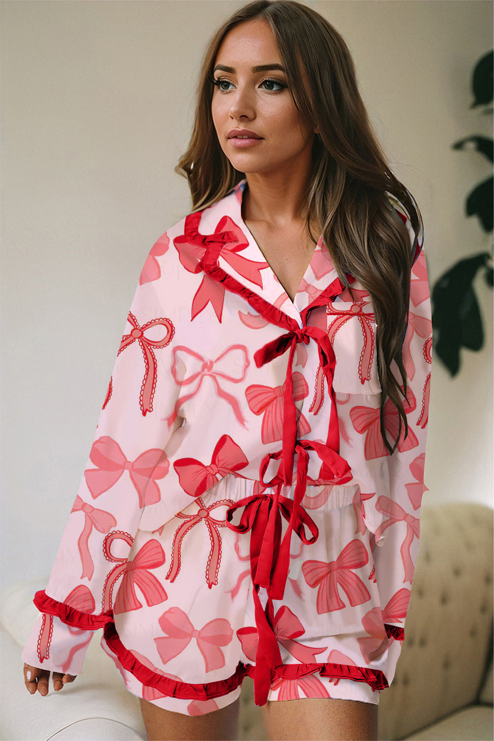 Ruffled Long-Sleeved Two-Piece Casual Shorts Set Printed Valentine's Day Pajamas 6