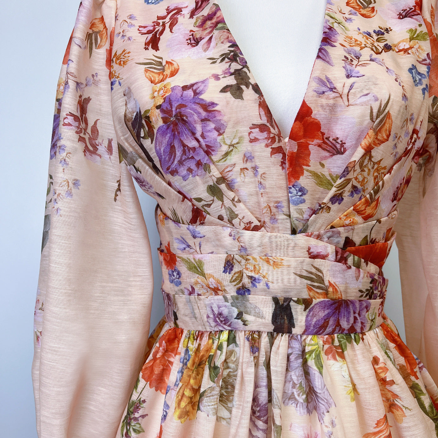 V neck Floral Print High Waist Pleated Holidays Short Dress for Women 11