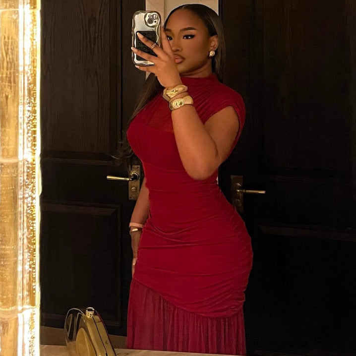 Women's Chic Elegant Mesh Patchwork Red Trendy Fashion Long Dress 4