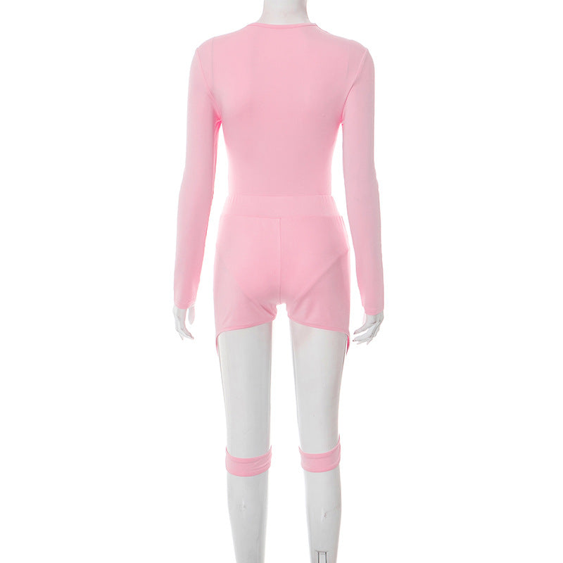 Women’s Round Neck Long-Sleeve Bodysuit with Shorts Two-Piece Set 8