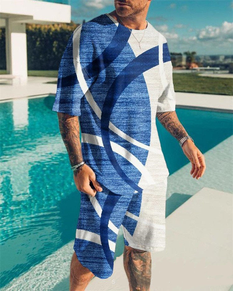 Men's Casual Colorblock Print Short Sleeve T-Shirt and Shorts Two-Piece Set 7