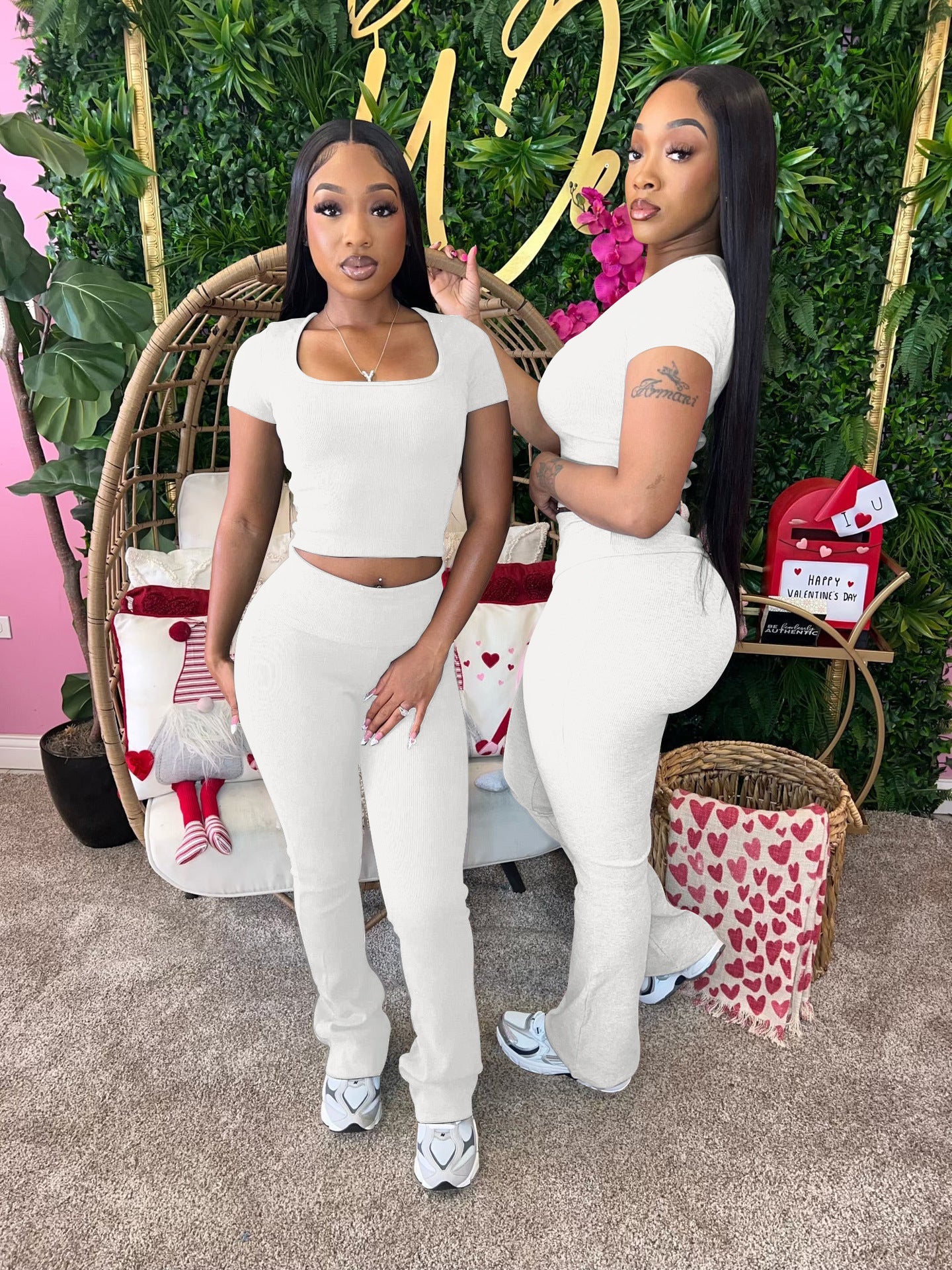 Women Summer Ribbed U-neck Short Sleeve Top and Pant Two-piece Set