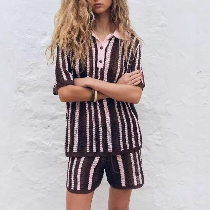 Fashion Striped Turndown Collar Short-Sleeve Top & Shorts Knit Set 6