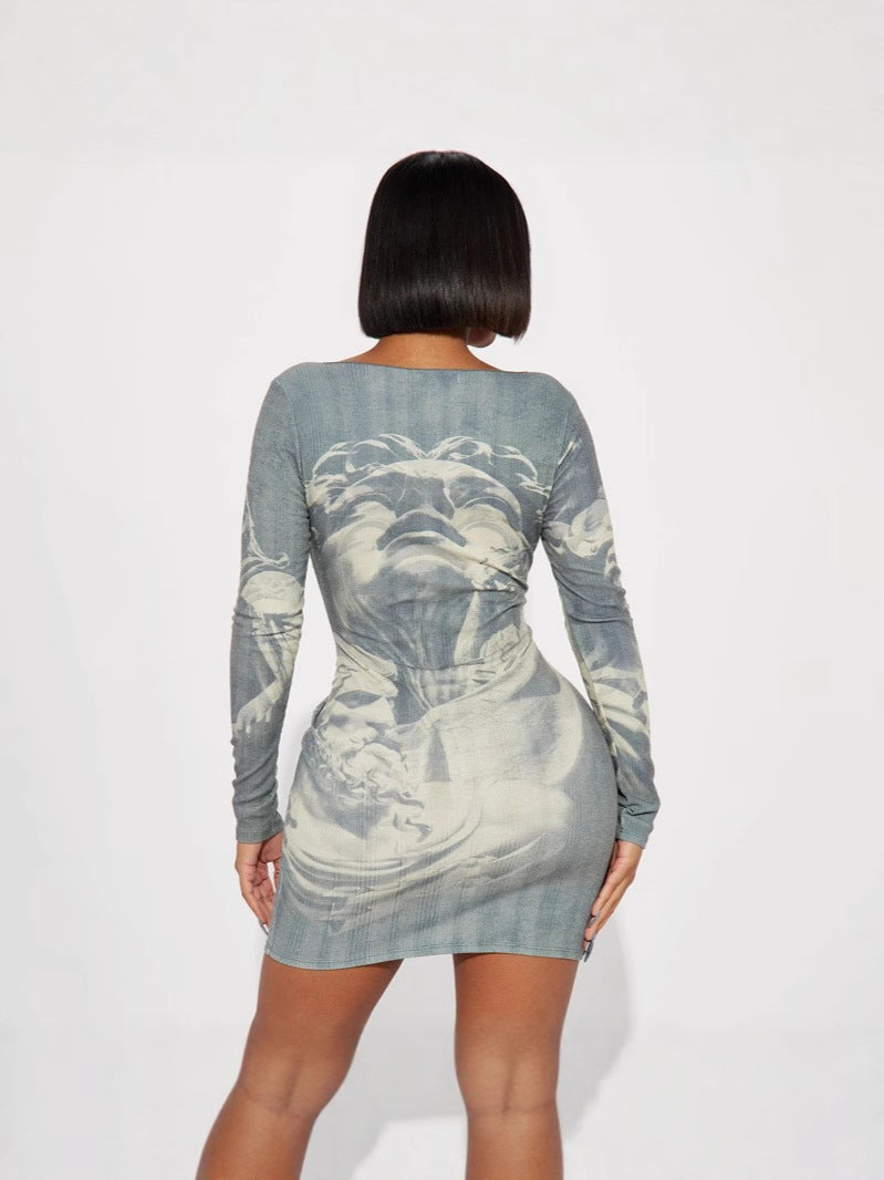 Women's Fashion Print Slim Fit Slim Waist Long Sleeve Tight Bodycon Dress 3