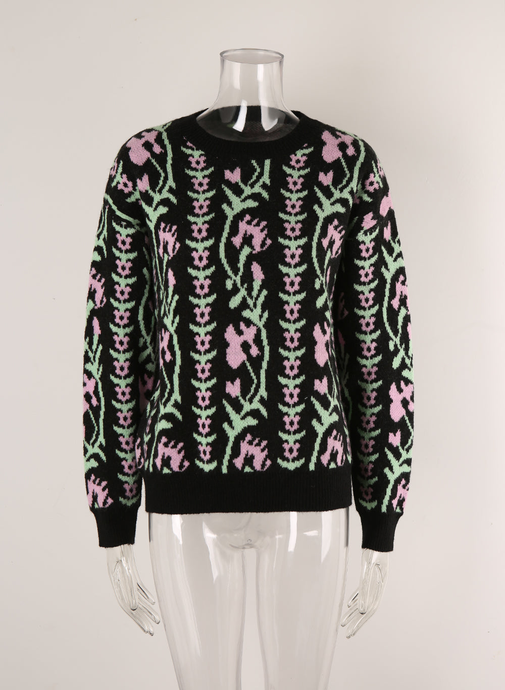 Women Jacquard Branch Round Neck Floral Sweater 7