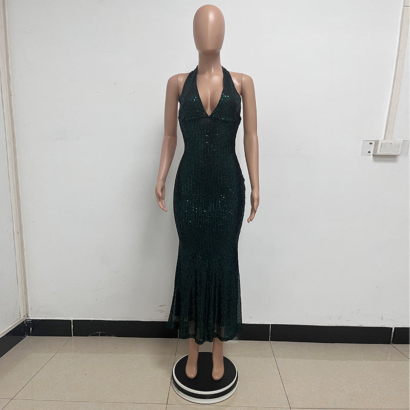 Women Sleeveless Halter Neck Sequined Mermaid Dress 37