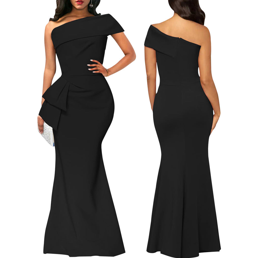 Women Sexy Solid One Shoulder Diagonal Irregular Dress